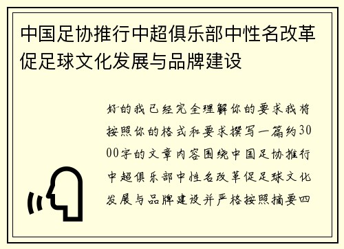 中国足协推行中超俱乐部中性名改革促足球文化发展与品牌建设