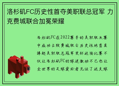 洛杉矶FC历史性首夺美职联总冠军 力克费城联合加冕荣耀