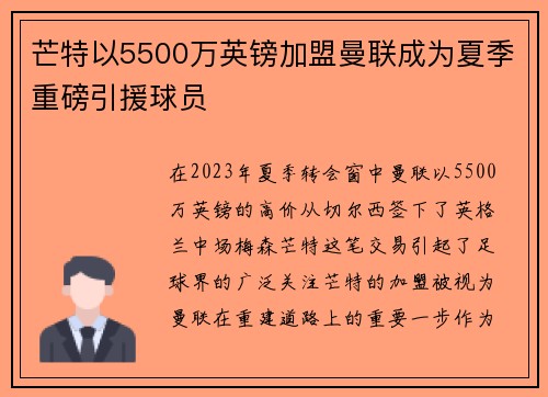 芒特以5500万英镑加盟曼联成为夏季重磅引援球员